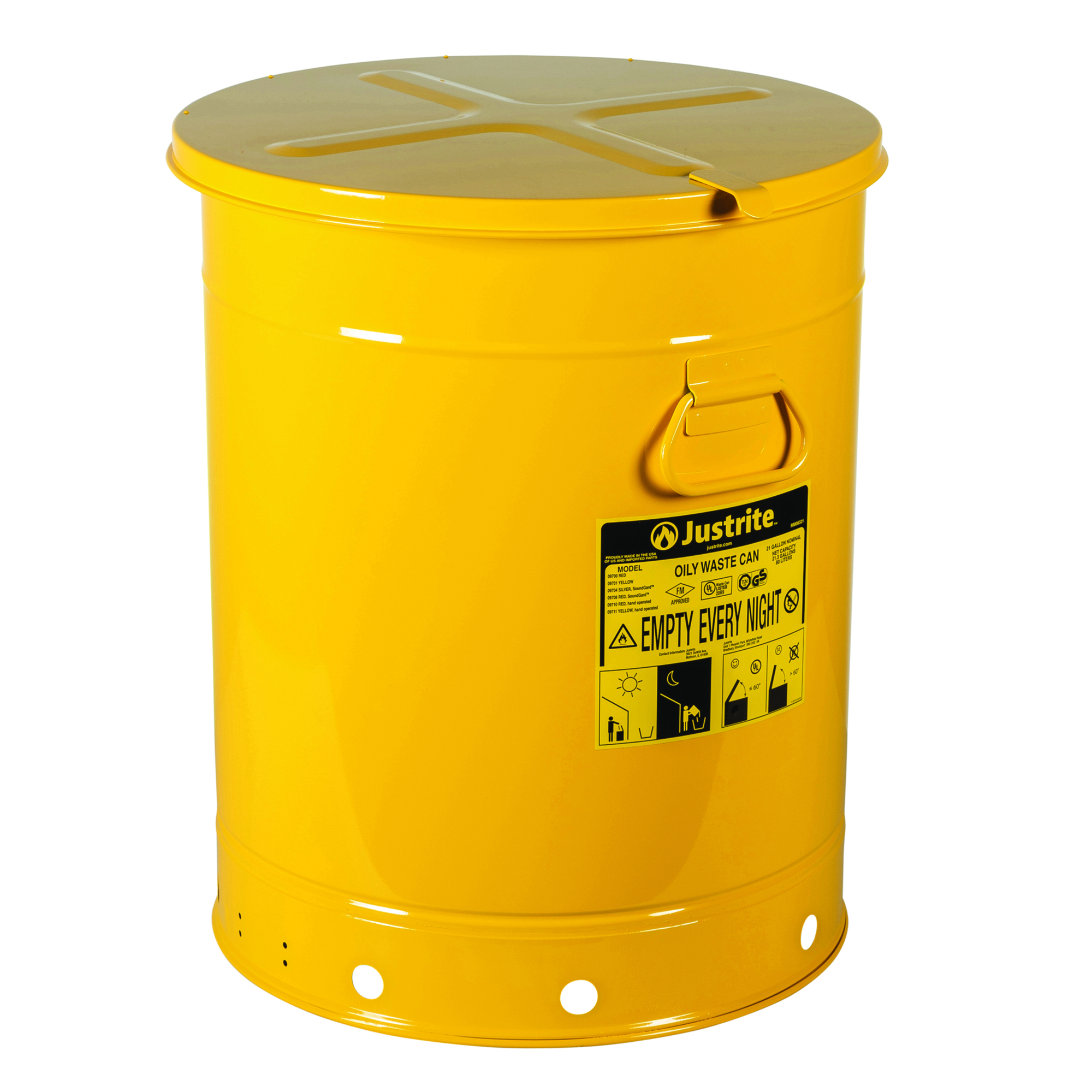 Justrite Oily Waste Can — 21-Gal., Hand-Operated Cover, Steel, Yellow, Model# 09711
